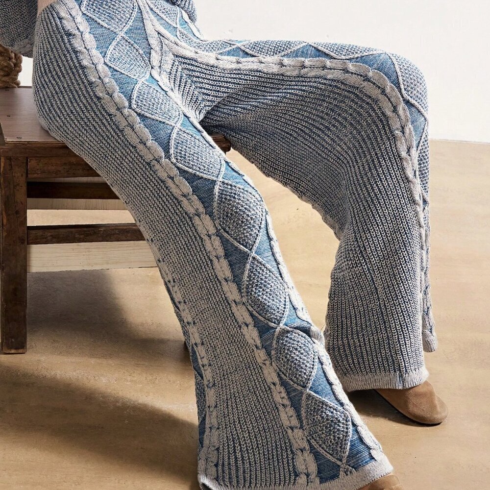 Blue And White Women's Boho Western Country Style Elegant Loose Knit Pants